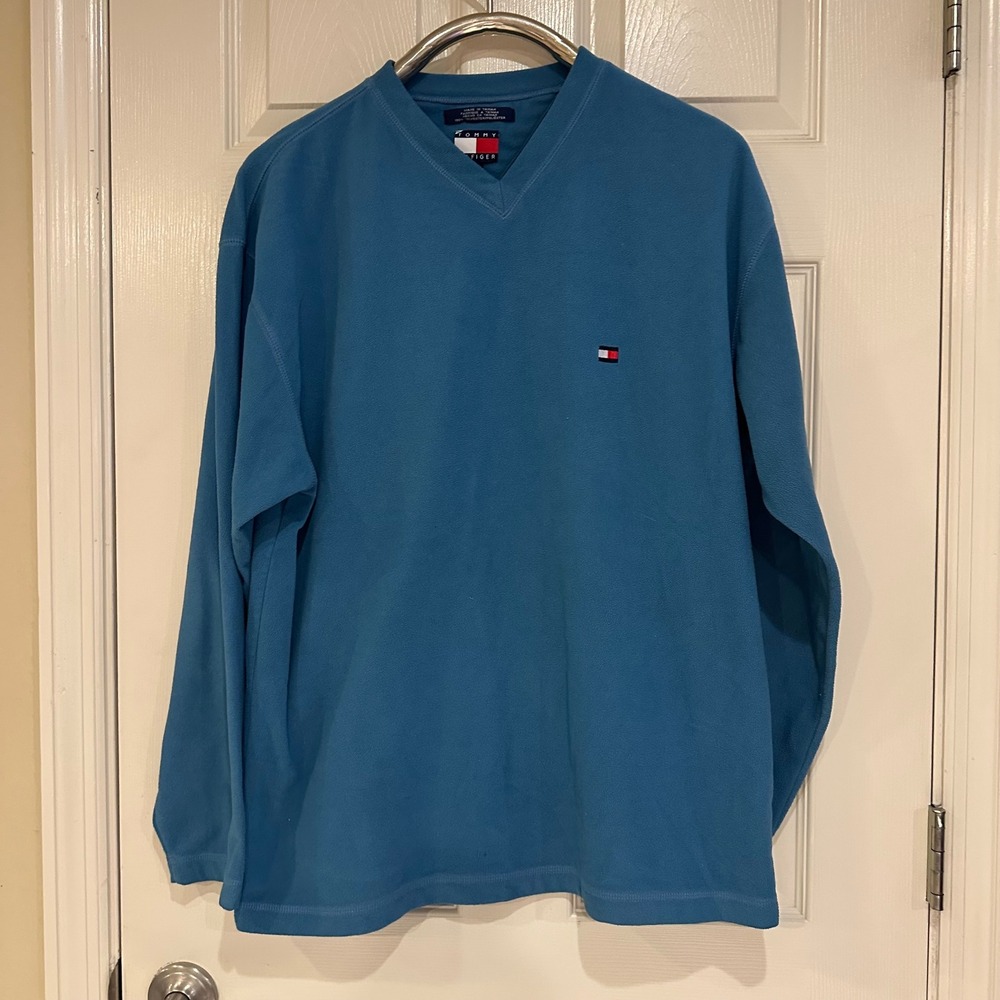 Tommy Hilfiger Vintage Fleece Pullover V-Neck Blue Long Sleeve Mens Large
